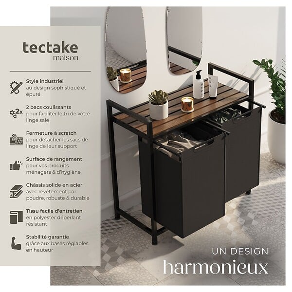 TECTAKE - Panier à linge avec étagère, style industriel noir/marron - large