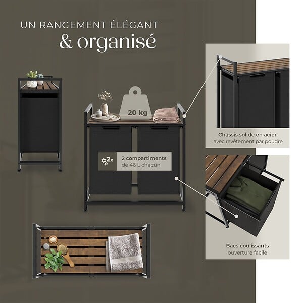 TECTAKE - Panier à linge avec étagère, style industriel noir/marron - large