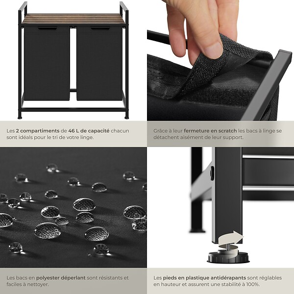 TECTAKE - Panier à linge avec étagère, style industriel noir/marron - large