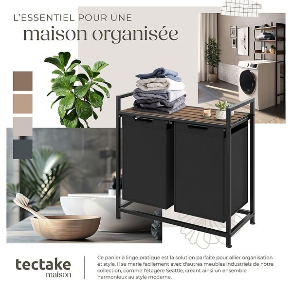 TECTAKE - Panier à linge avec étagère, style industriel noir/marron - large