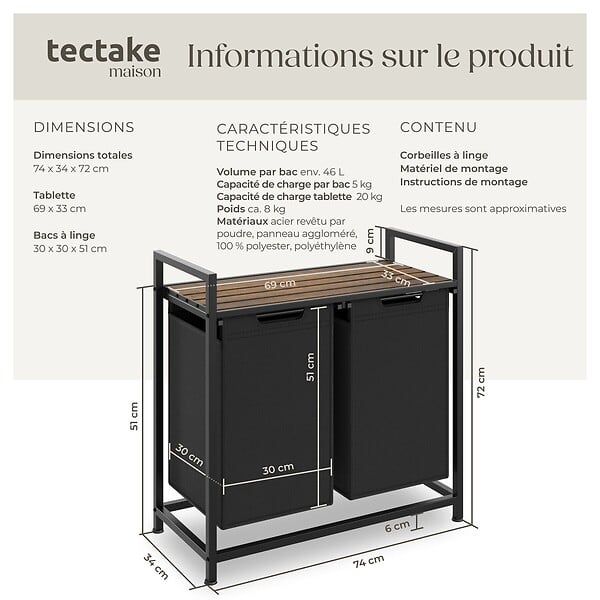 TECTAKE - Panier à linge avec étagère, style industriel noir/marron - large