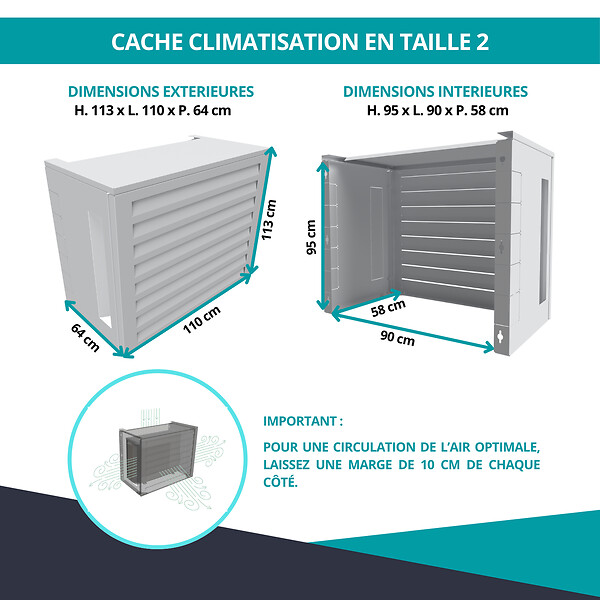 ATOLE - Cache Climatisation   en aluminium thermolaqué , Taille 2 : H. 113 x L. 110 x P. 64 cm, Ventelle, Blanc - large