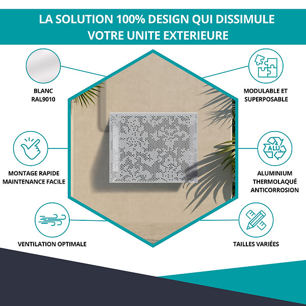 ATOLE - Cache Climatisation  en aluminium thermolaqué ,  Taille 2 : H. 113 x L. 110 x P. 64 cm, Baroque, Blanc - large