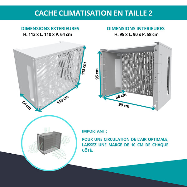 ATOLE - Cache Climatisation  en aluminium thermolaqué ,  Taille 2 : H. 113 x L. 110 x P. 64 cm, Baroque, Blanc - large