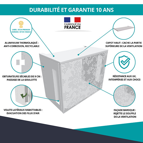 ATOLE - Cache Climatisation  en aluminium thermolaqué ,  Taille 2 : H. 113 x L. 110 x P. 64 cm, Baroque, Blanc - large
