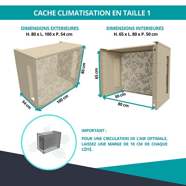 ATOLE - Cache Climatisation  en aluminium thermolaqué , Taille 1 : H. 80 x L. 100 x P. 54 cm, Baroque , Crème - large