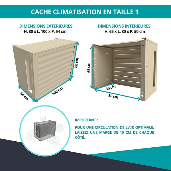 ATOLE - Cache Climatisation  en aluminium thermolaqué , Taille 1 : H. 80 x L. 100 x P. 54 cm, Ventelle , Crème - large
