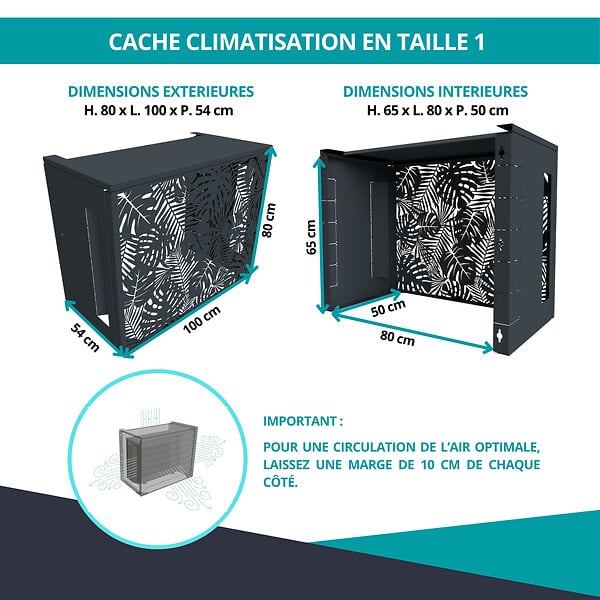 ATOLE - Cache climatiseur ATOLE en Aluminium Thermolaqué , Taille 1 : H. 80 x L. 100 x P. 54 cm, Jungle, Gris anthracite - large