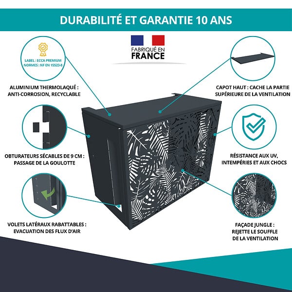 ATOLE - Cache climatiseur ATOLE en Aluminium Thermolaqué , Taille 1 : H. 80 x L. 100 x P. 54 cm, Jungle, Gris anthracite - large