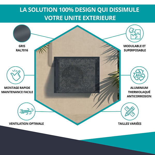 ATOLE - Cache Climatisation  en aluminium thermolaqué , Taille 2 : H. 113 x L. 110 x P. 64 cm, Baroque, Gris anthracite - large