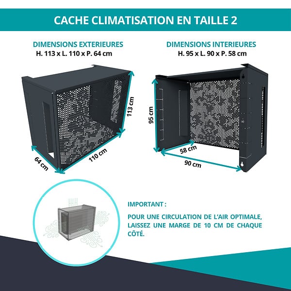 ATOLE - Cache Climatisation  en aluminium thermolaqué , Taille 2 : H. 113 x L. 110 x P. 64 cm, Baroque, Gris anthracite - large