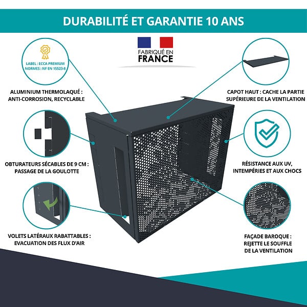 ATOLE - Cache Climatisation  en aluminium thermolaqué , Taille 2 : H. 113 x L. 110 x P. 64 cm, Baroque, Gris anthracite - large