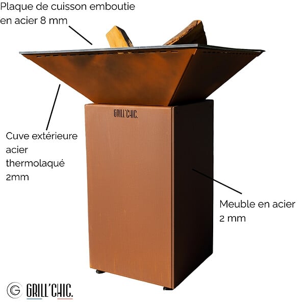 GRILL'CHIC - Brasero Cevenol Acier Normal Carre 74 Imitation Corten Double Cuve - large