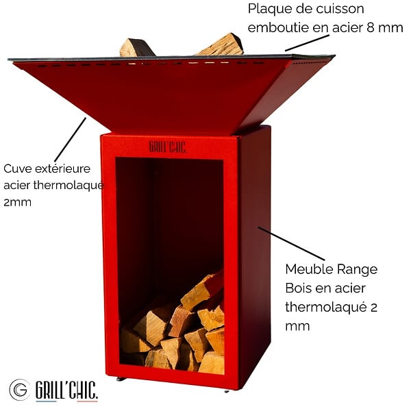 GRILL'CHIC - Brasero Cevenol Acier Bois Carre 74 Rouge Double Cuve - large