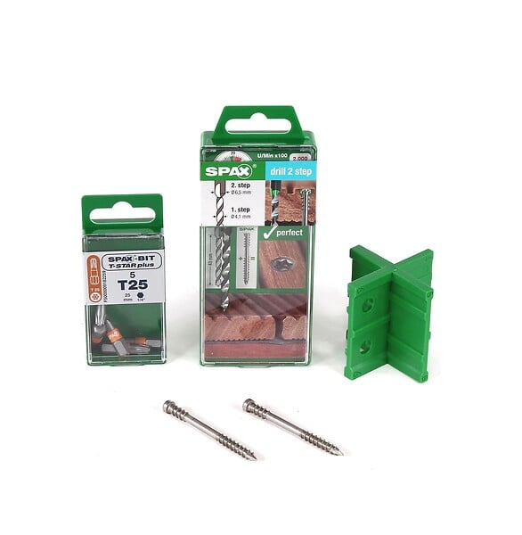 SPAX - Kit Bois Éxotique 5x60 Inox A2 - 850 Vis + 1 Foret + 12 Espaceurs + 5 Embouts - large