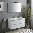 KIAMAMI VALENTINA - Meuble De Salle De Bain Avec Tiroirs 100Cm Blanc Brillant, Lavabo Et Miroir Avec Lampe | Benaco - vignette