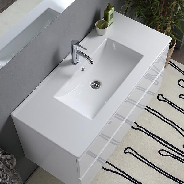 KIAMAMI VALENTINA - Meuble De Salle De Bain Avec Tiroirs 100Cm Blanc Brillant, Lavabo Et Miroir Avec Lampe | Benaco - large