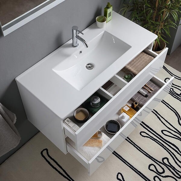 KIAMAMI VALENTINA - Meuble De Salle De Bain Avec Tiroirs 100Cm Blanc Brillant, Lavabo Et Miroir Avec Lampe | Benaco - large