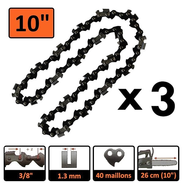 GT GARDEN - Guide 10 pouces (26 cm) avec lot de 3 chaînes 40 maillons pour tronçonneuse élagueuse 25 cm3 - large