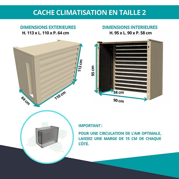 ATOLE - Cache Climatisation  Acoustique ATOLE en aluminium thermolaqué , Taille 2 : H. 113 x L. 110 x P. 64 cm, Ventelle, Crème - large