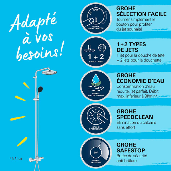 GROHE - Colonne bain douche thermostatique Vitalio Start System chromé + Tablette de douche d'angle Start Cube - large