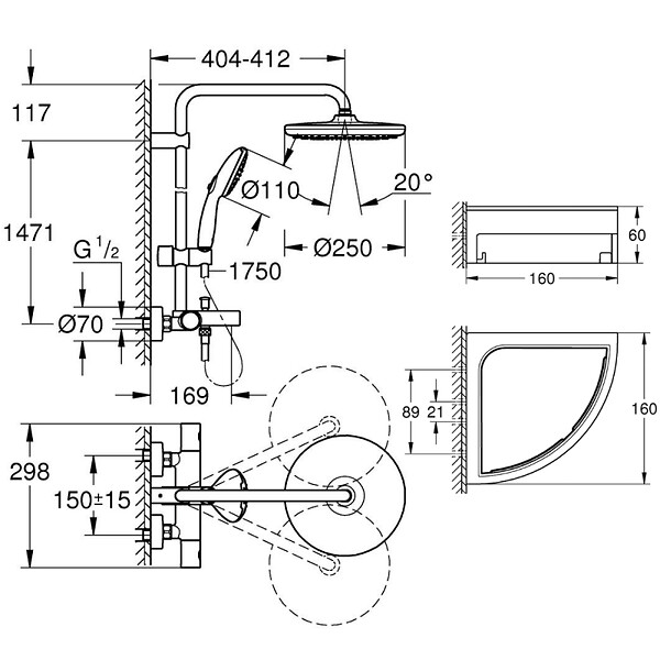 GROHE - Colonne bain douche thermostatique Vitalio Start System chromé + Tablette de douche d'angle Start Cube - large