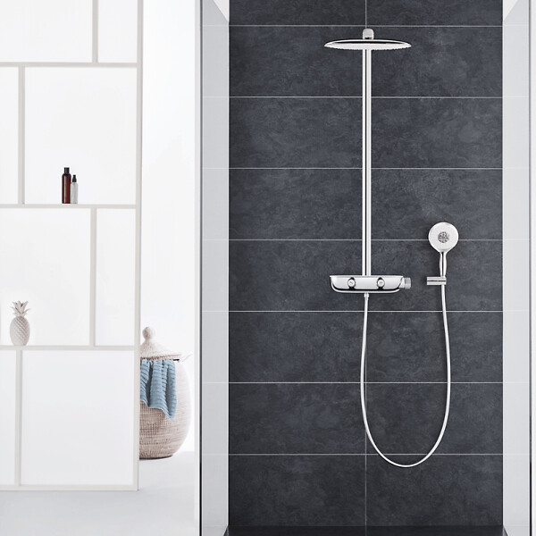 GROHE - Colonne de douche thermostatique Rainshower System SmartControl Mono 360 Blanc/chromé + Tablette douche d'angle Start Cube - large