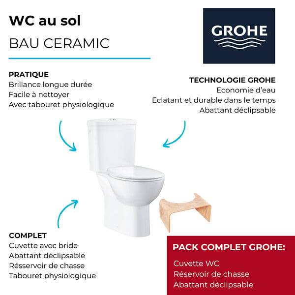 GROHE - PACK WC avec bride à poser Bau Ceramic + Tabouret physiologique Bois - large
