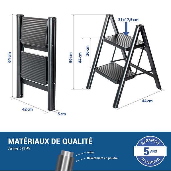 HOSTRÃ–M - Escabeau 2 marches FOLDPACT2, Marche pied pliable, Design ultra-compact, Marches larges 17,5 cm, Acier, Etagère temporaire, Garantie 5 ans, Hostrom - large