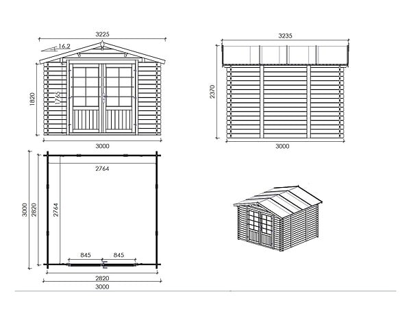 ALTANKA - Abri de jardin en bois - 9m2 - 3x3m - Ep. 28mm - Couleur: naturel - DOM664 - large