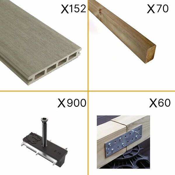 DECKLINEA - Kit Terrasse Composite NAVIA 50m² - gris clair - 152 lames de terrasse (220 x 14.5 x 2.2 cm) - Fixation par Clips - Terrasse Livraison Rapide - large