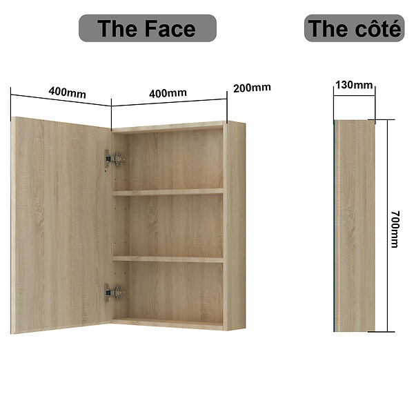 AICA SANITAIRE - AICA Armoire de Toilette Mural avec Miroir et Rangement - Moderne, Chêne, 50x70 cm - large