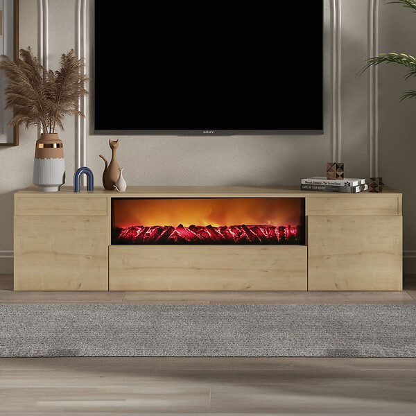 CONCEPT USINE - Meuble TV avec cheminée LED 180cm aspect bois PYRO - large