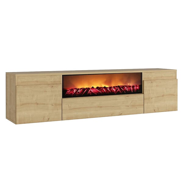 CONCEPT USINE - Meuble TV avec cheminée LED 180cm aspect bois PYRO - large
