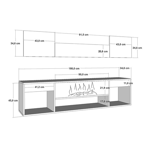 CONCEPT USINE - Meuble TV avec cheminée LED 180cm aspect bois PYRO - large