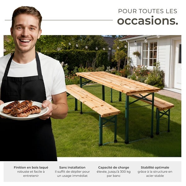 TECTAKE - Ensemble table et bancs bois de sapin pliable pour 8 personnes en marron et acier stable - large