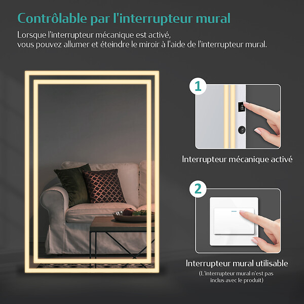 EMKE - EMKE Miroir lumineux salle de bain 120x60cm, Miroir LED avec Interrupteur à bouton, Anti-buée, Miroir avec éclairage lumière Blanche Froide/Chaude - large
