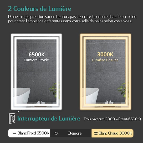 EMKE - EMKE Miroir lumineux salle de bain 100x60cm, Miroir LED avec Interrupteur à bouton, Anti-buée, Miroir avec éclairage lumière Blanche Froide/Chaude - large