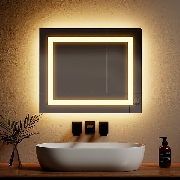 EMKE - EMKE Miroir lumineux salle de bain 60x50cm, Miroir LED avec Interrupteur à bouton, Anti-buée, Miroir avec éclairage lumière Blanche Froide/Chaude - large