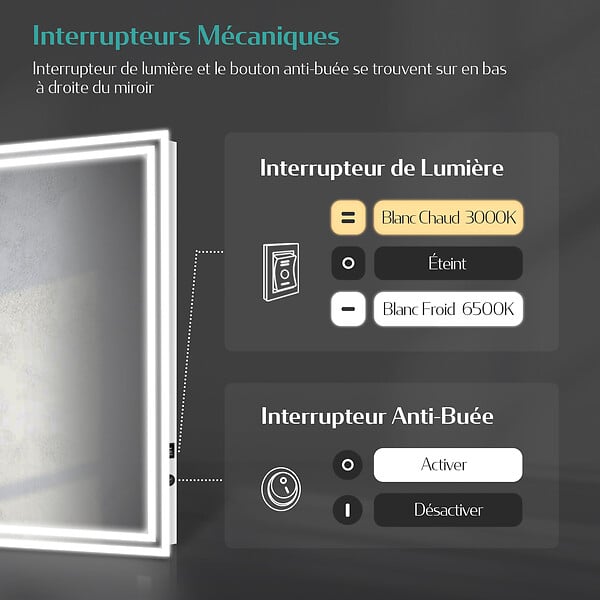 EMKE - EMKE Miroir lumineux salle de bain 60x50cm, Miroir LED avec Interrupteur à bouton, Anti-buée, Miroir avec éclairage lumière Blanche Froide/Chaude - large