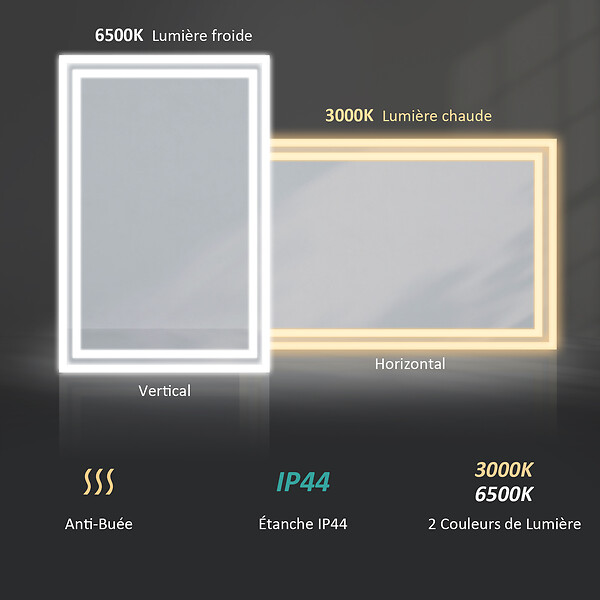 EMKE - EMKE Miroir lumineux salle de bain 60x50cm, Miroir LED avec Interrupteur à bouton, Anti-buée, Miroir avec éclairage lumière Blanche Froide/Chaude - large
