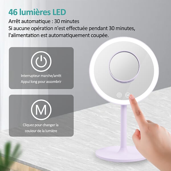 EMKE - EMKE LED Miroir de Maquillage Rond avec Interrupteur Tactile Dimmable 3 Couleurs claires, grossissement 1/3x, Violet - large