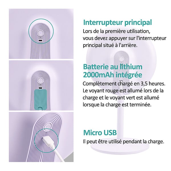 EMKE - EMKE LED Miroir de Maquillage Rond avec Interrupteur Tactile Dimmable 3 Couleurs claires, grossissement 1/3x, Violet - large