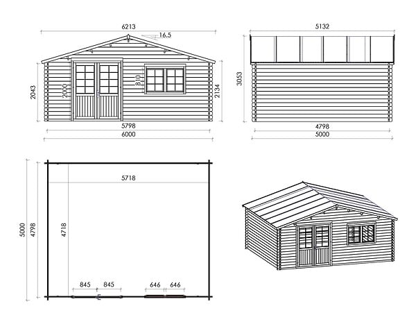 ALTANKA - Abri de jardin en bois - 6x5 m + terrasse avec balustrade et avant-toit en bois - 42 m2 - DOM747+DOM553+DOM555+POD04 - large
