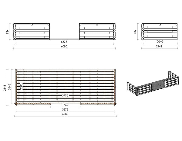 ALTANKA - Abri de jardin en bois - 6x5 m + terrasse avec balustrade et avant-toit en bois - 42 m2 - DOM747+DOM553+DOM555+POD04 - large