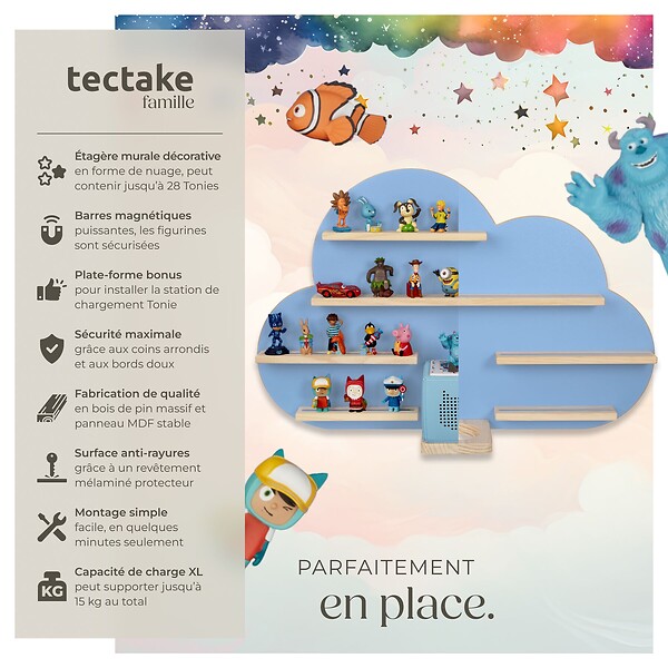 TECTAKE - Étagère murale MyLittleStory Cloud peut contenir jusqu'à 28 Tonies bleu - large