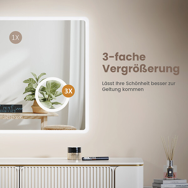 EMKE - EMKE LED Miroir lumineux salle de bain 80x60cm,Interrupteur Tactile, Anti-buée, 3x Grossissement, Horloge, Lumière Blanche Froide - large