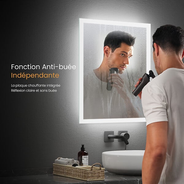 EMKE - EMKE Miroir lumineux salle de bain 100x60cm, Miroir LED avec Interrupteur à bouton, Anti-buée, Miroir avec éclairage lumière Blanche Froide/Chaude - large