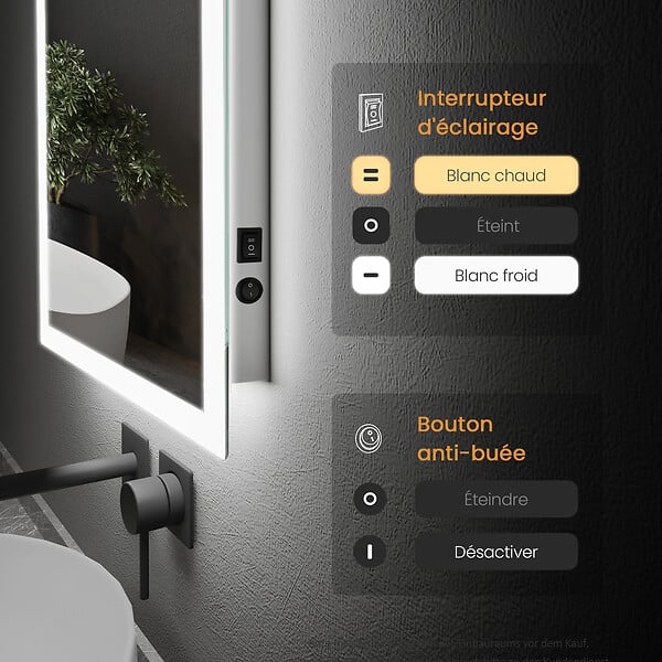 EMKE - EMKE Miroir lumineux salle de bain 100x60cm, Miroir LED avec Interrupteur à bouton, Anti-buée, Miroir avec éclairage lumière Blanche Froide/Chaude - large