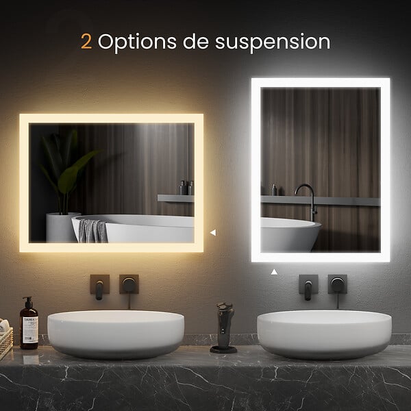 EMKE - EMKE Miroir lumineux salle de bain 70x50cm, Miroir LED avec Interrupteur à bouton, Anti-buée, Miroir avec éclairage lumière Blanche Froide/Chaude - large